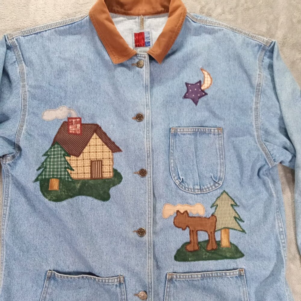 Vintage Sun Belt Denim Chore Coat Women XL Barn Jacket Embroidered Trees Cabin - Picture 3 of 15